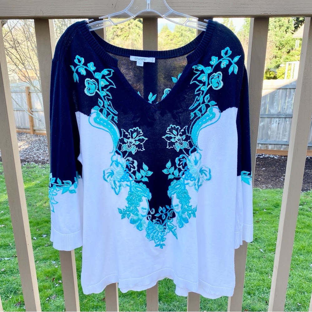 CHICO’S Midnight Blue and White Top with Turquoise Embroidered Front - 3X